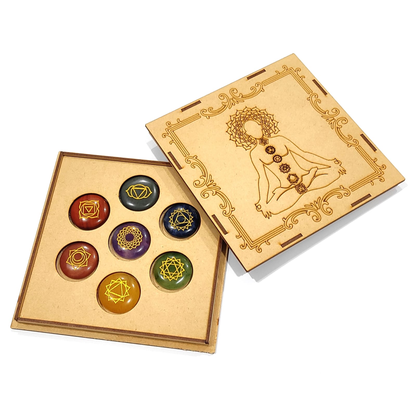 Seven Chakra Reiki Stone Set Natural With Certified Round Shaped With Mantra Box